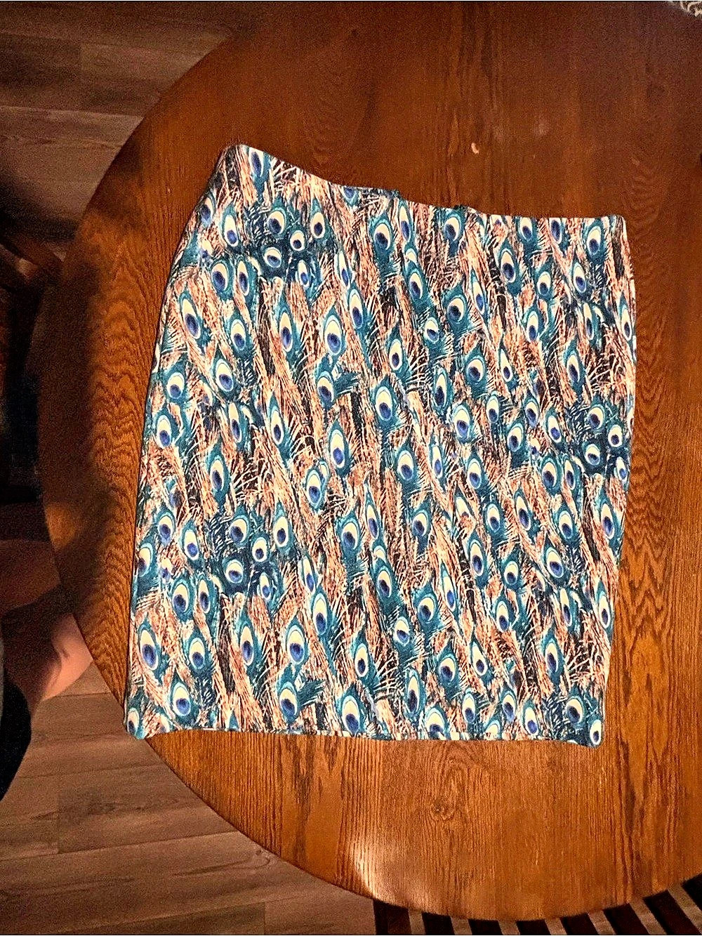 Talbots Peacock Feather Print Pencil Skirt Blue & Orange 12P